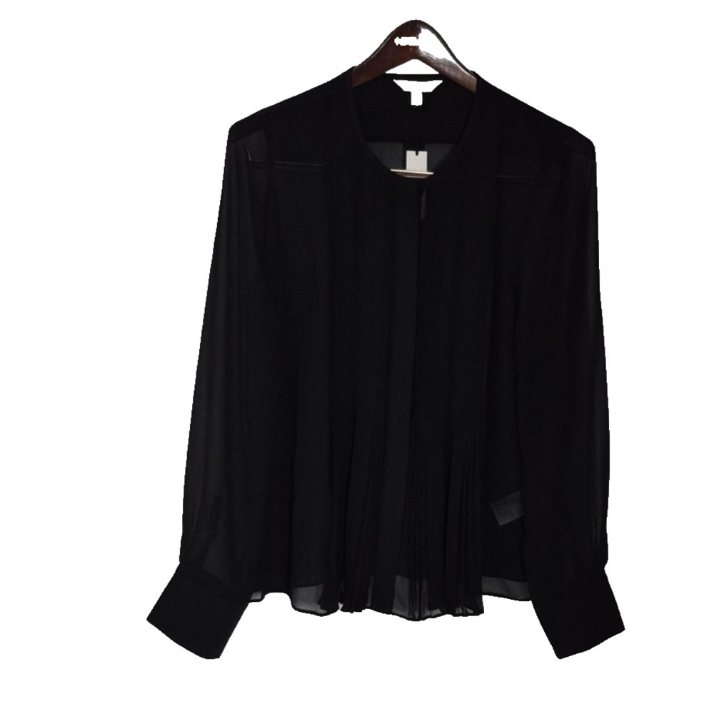 Banana Republic Blouse Womens MBlack‎ Pleated Sheer Chiffon Long Sleeve Top